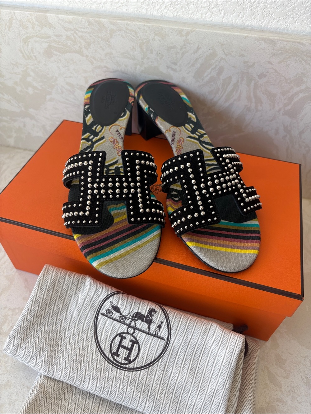 Studded Black Slide Sandals with Multicolor Stripes